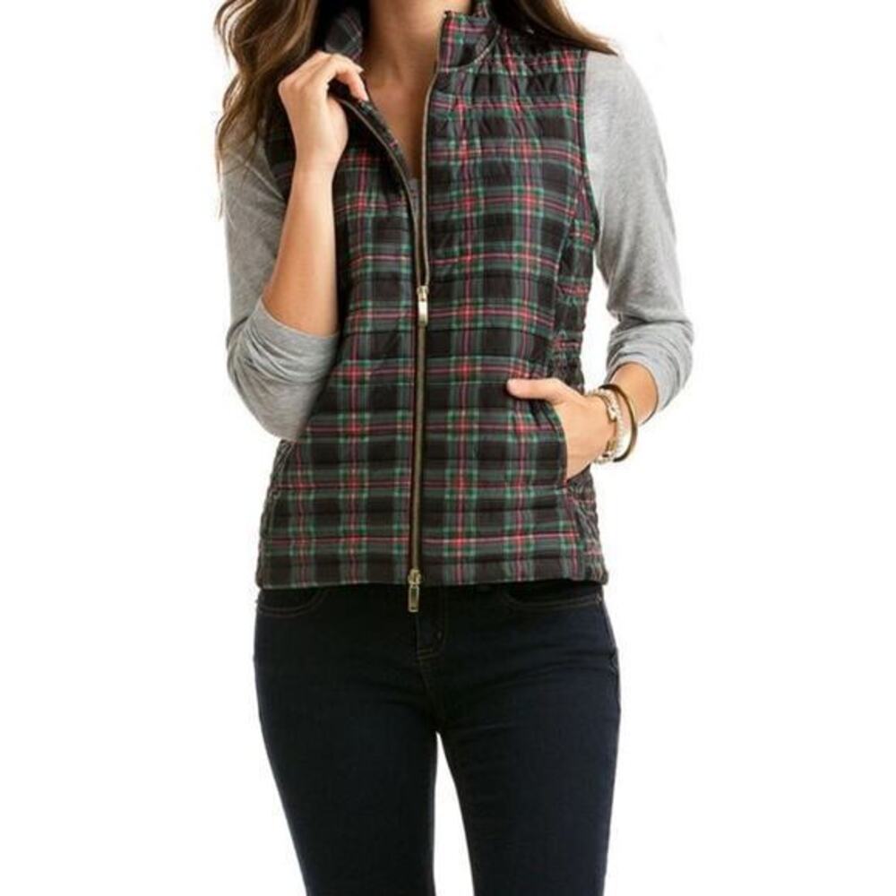 Vineyard Vines Tartan Plaid Puffer Vest Jet Black pockets warm Women's size XS